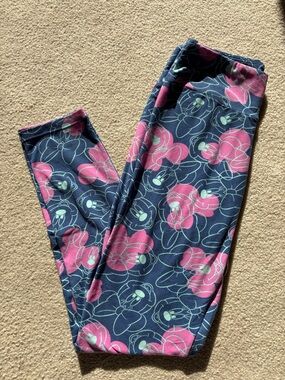 Disney LuLaRoe Navy Leggings with Pink Floral Print - Minnie Mouse
